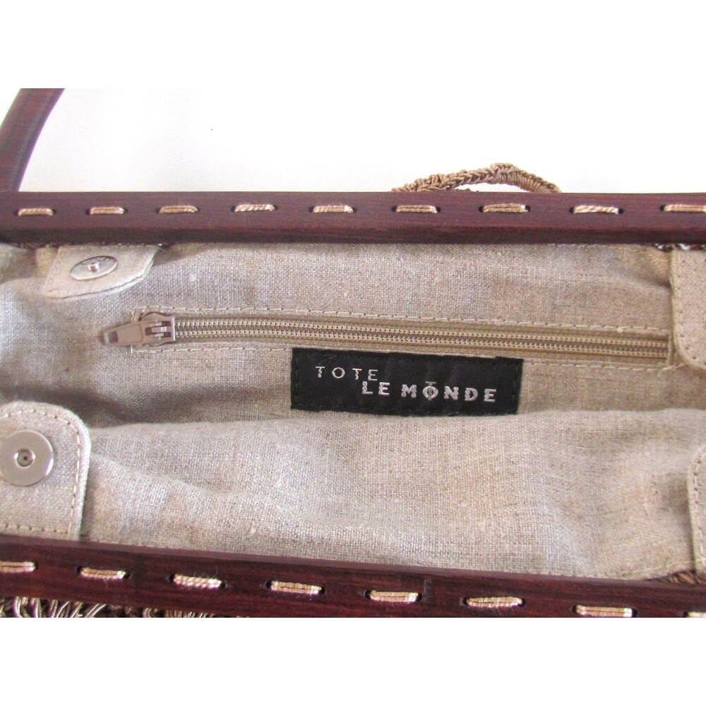 DESIGNER TOTE LE MONDE TAN CROCHET BROWN WOOD DOUBLE HANDLES BUTTON CLOSURE BAG - Picture 16 of 16
